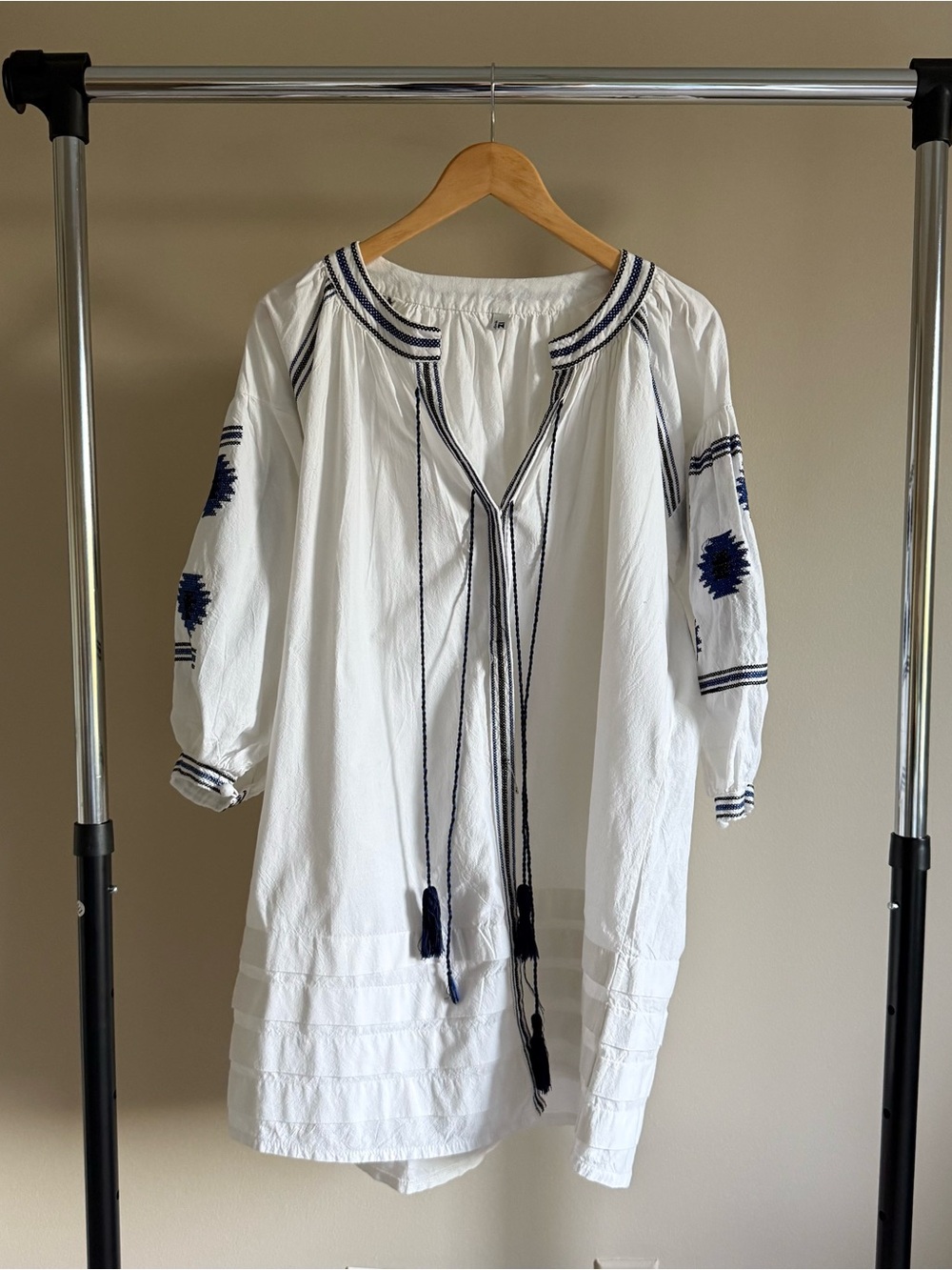 White Long-Sleeve Embroidered Boho Dress with Navy Accents